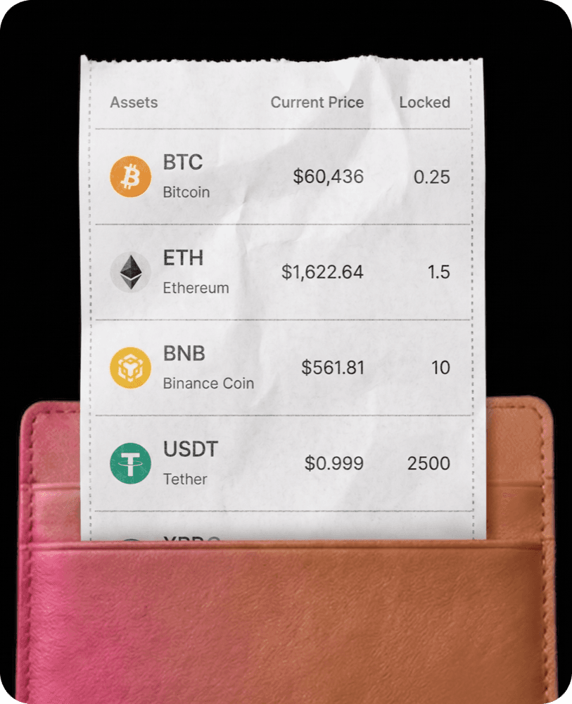 Recibo de billetera mostrando activos cripto y precios en YimmiT