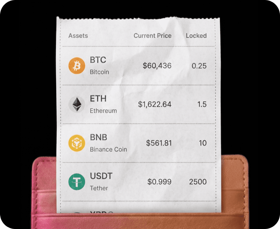 Recibo de billetera mostrando activos cripto y precios en YimmiT
